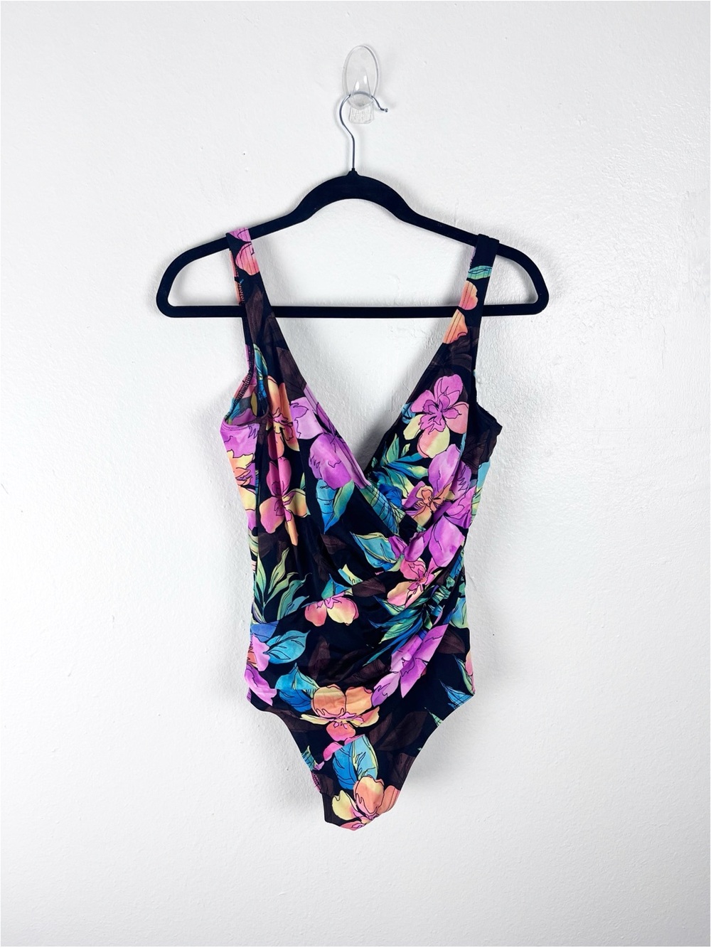 MIRACLESUIT Floral Ruched Side Built In Bra Shelf One Piece Swimsuit Size 14
